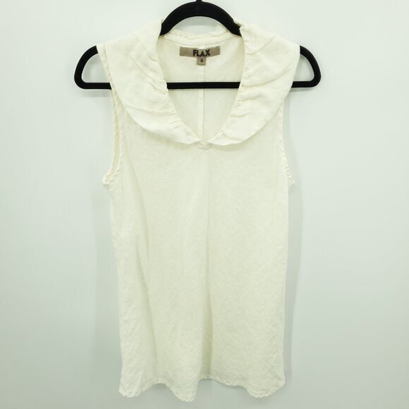 Flax 100% Linen Collared Sleeveless Top S Cream/Off-White - Picture 1 of 11